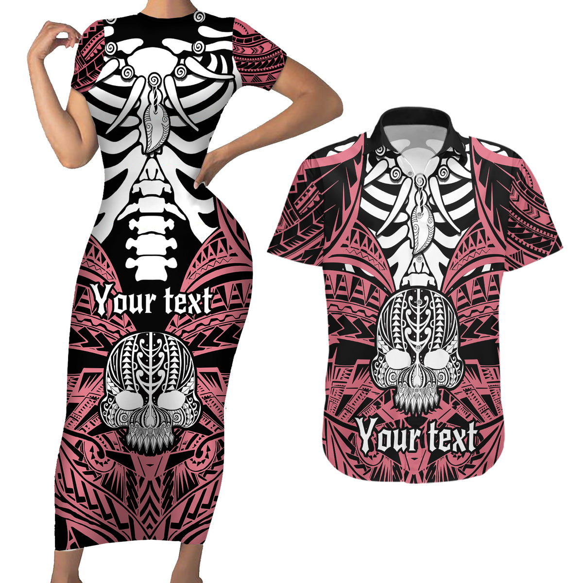 Personalised Polynesia Skull Couples Matching Short Sleeve Bodycon Dress and Hawaiian Shirt With Boars Tusk Pink Arty Vibe LT9 Pink - Polynesian Pride