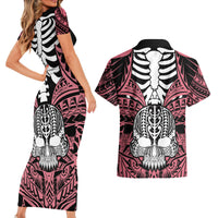 Personalised Polynesia Skull Couples Matching Short Sleeve Bodycon Dress and Hawaiian Shirt With Boars Tusk Pink Arty Vibe LT9 - Polynesian Pride