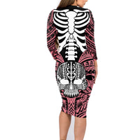 Personalised Polynesia Skull Family Matching Long Sleeve Bodycon Dress and Hawaiian Shirt With Boars Tusk Pink Arty Vibe LT9 - Polynesian Pride
