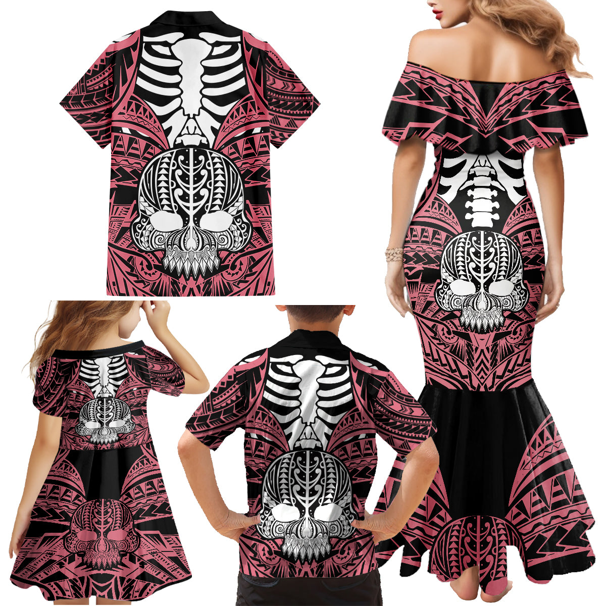 Personalised Polynesia Skull Family Matching Mermaid Dress and Hawaiian Shirt With Boars Tusk Pink Arty Vibe LT9 - Polynesian Pride