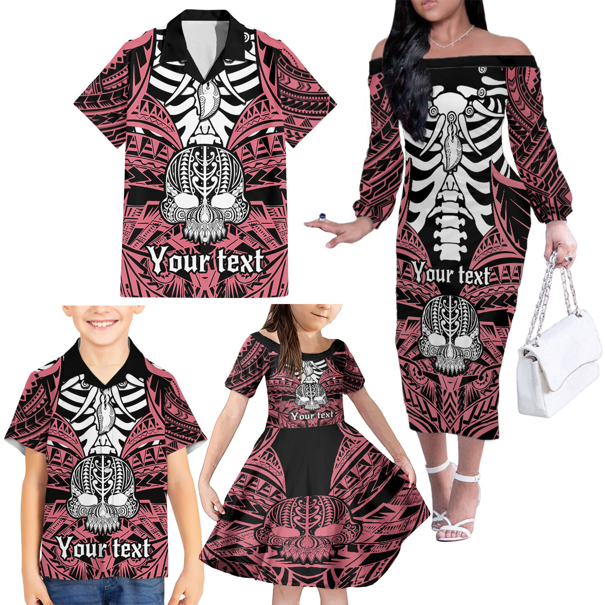 Personalised Polynesia Skull Family Matching Off Shoulder Long Sleeve Dress and Hawaiian Shirt With Boars Tusk Pink Arty Vibe LT9 - Polynesian Pride