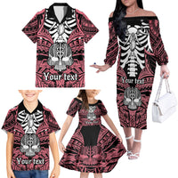 Personalised Polynesia Skull Family Matching Off Shoulder Long Sleeve Dress and Hawaiian Shirt With Boars Tusk Pink Arty Vibe LT9 - Polynesian Pride