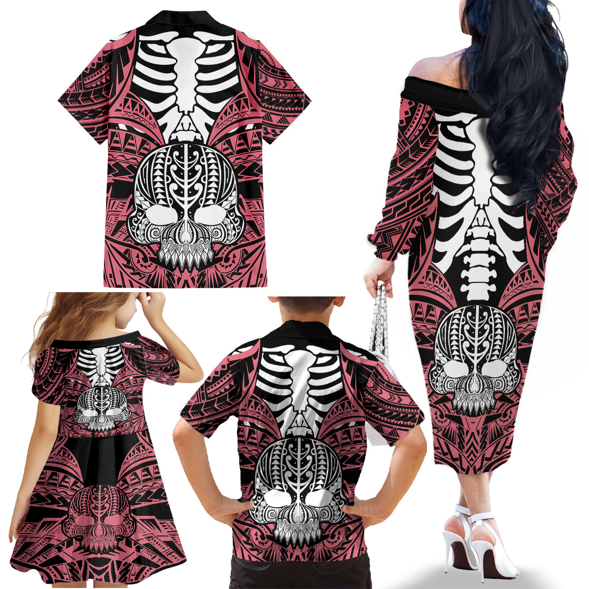 Personalised Polynesia Skull Family Matching Off Shoulder Long Sleeve Dress and Hawaiian Shirt With Boars Tusk Pink Arty Vibe LT9 - Polynesian Pride