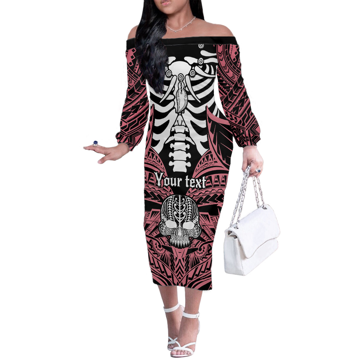 Personalised Polynesia Skull Family Matching Off Shoulder Long Sleeve Dress and Hawaiian Shirt With Boars Tusk Pink Arty Vibe LT9 Mom's Dress Pink - Polynesian Pride