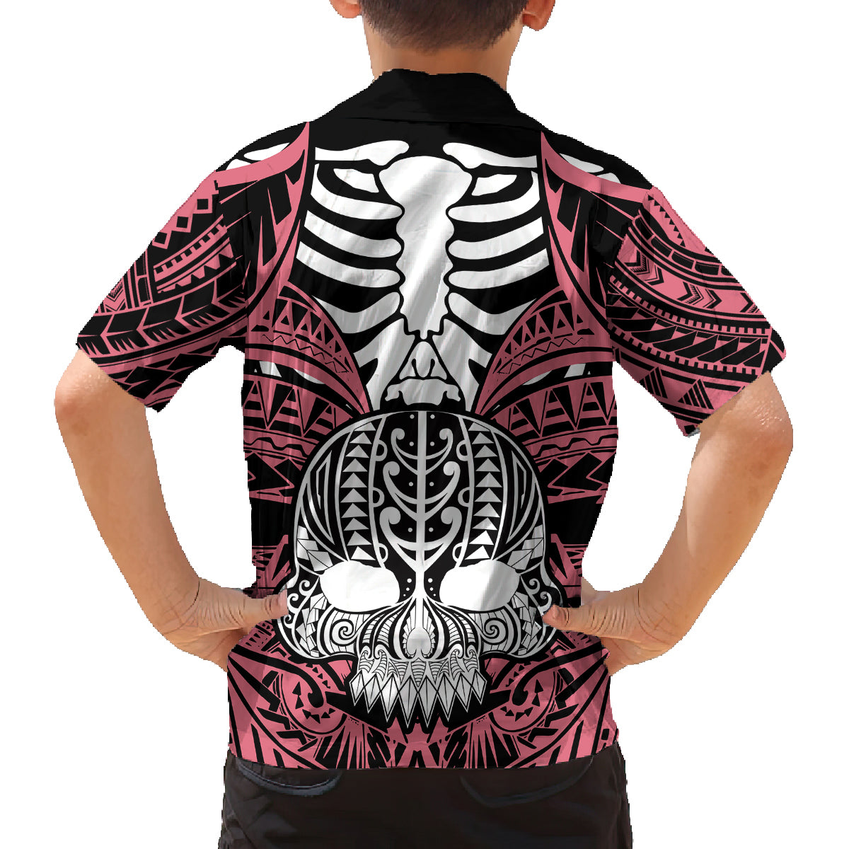 Personalised Polynesia Skull Family Matching Off Shoulder Maxi Dress and Hawaiian Shirt With Boars Tusk Pink Arty Vibe LT9 - Polynesian Pride