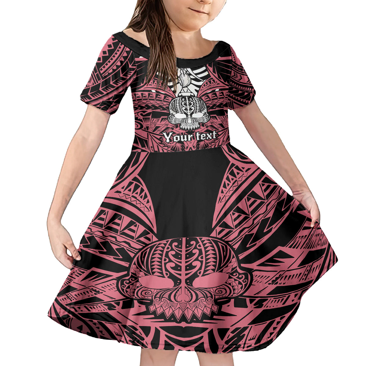 Personalised Polynesia Skull Family Matching Off Shoulder Maxi Dress and Hawaiian Shirt With Boars Tusk Pink Arty Vibe LT9 Daughter's Dress Pink - Polynesian Pride
