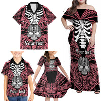 Personalised Polynesia Skull Family Matching Off Shoulder Maxi Dress and Hawaiian Shirt With Boars Tusk Pink Arty Vibe LT9 - Polynesian Pride