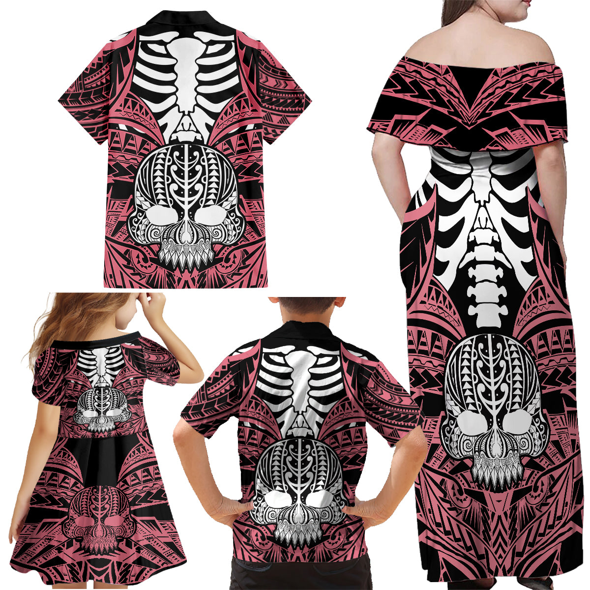 Personalised Polynesia Skull Family Matching Off Shoulder Maxi Dress and Hawaiian Shirt With Boars Tusk Pink Arty Vibe LT9 - Polynesian Pride