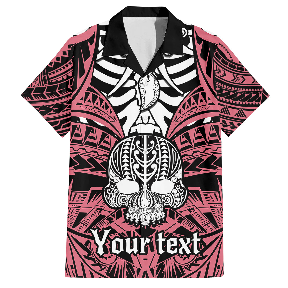 Personalised Polynesia Skull Family Matching Off Shoulder Maxi Dress and Hawaiian Shirt With Boars Tusk Pink Arty Vibe LT9 Dad's Shirt - Short Sleeve Pink - Polynesian Pride