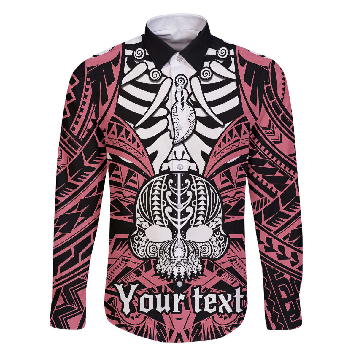 Personalised Polynesia Skull Family Matching Off Shoulder Maxi Dress and Hawaiian Shirt With Boars Tusk Pink Arty Vibe LT9 Dad's Shirt - Long Sleeve Pink - Polynesian Pride