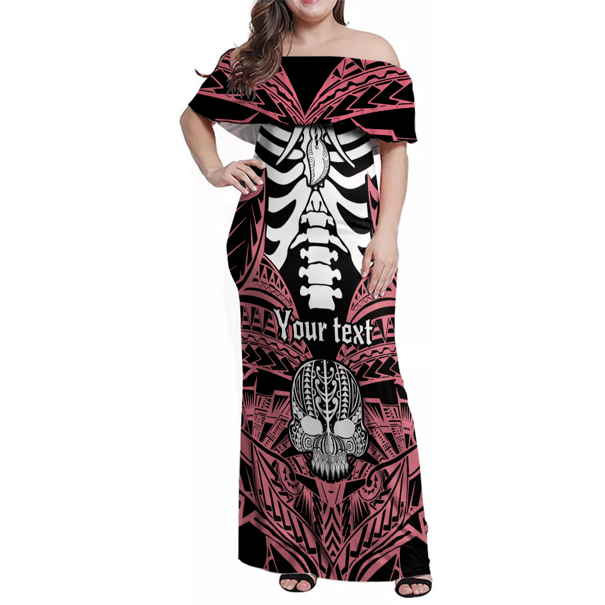 Personalised Polynesia Skull Family Matching Off Shoulder Maxi Dress and Hawaiian Shirt With Boars Tusk Pink Arty Vibe LT9 Mom's Dress Pink - Polynesian Pride
