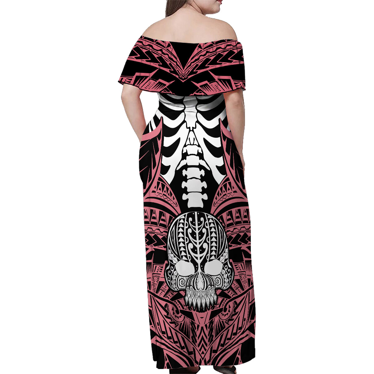 Personalised Polynesia Skull Family Matching Off Shoulder Maxi Dress and Hawaiian Shirt With Boars Tusk Pink Arty Vibe LT9 - Polynesian Pride
