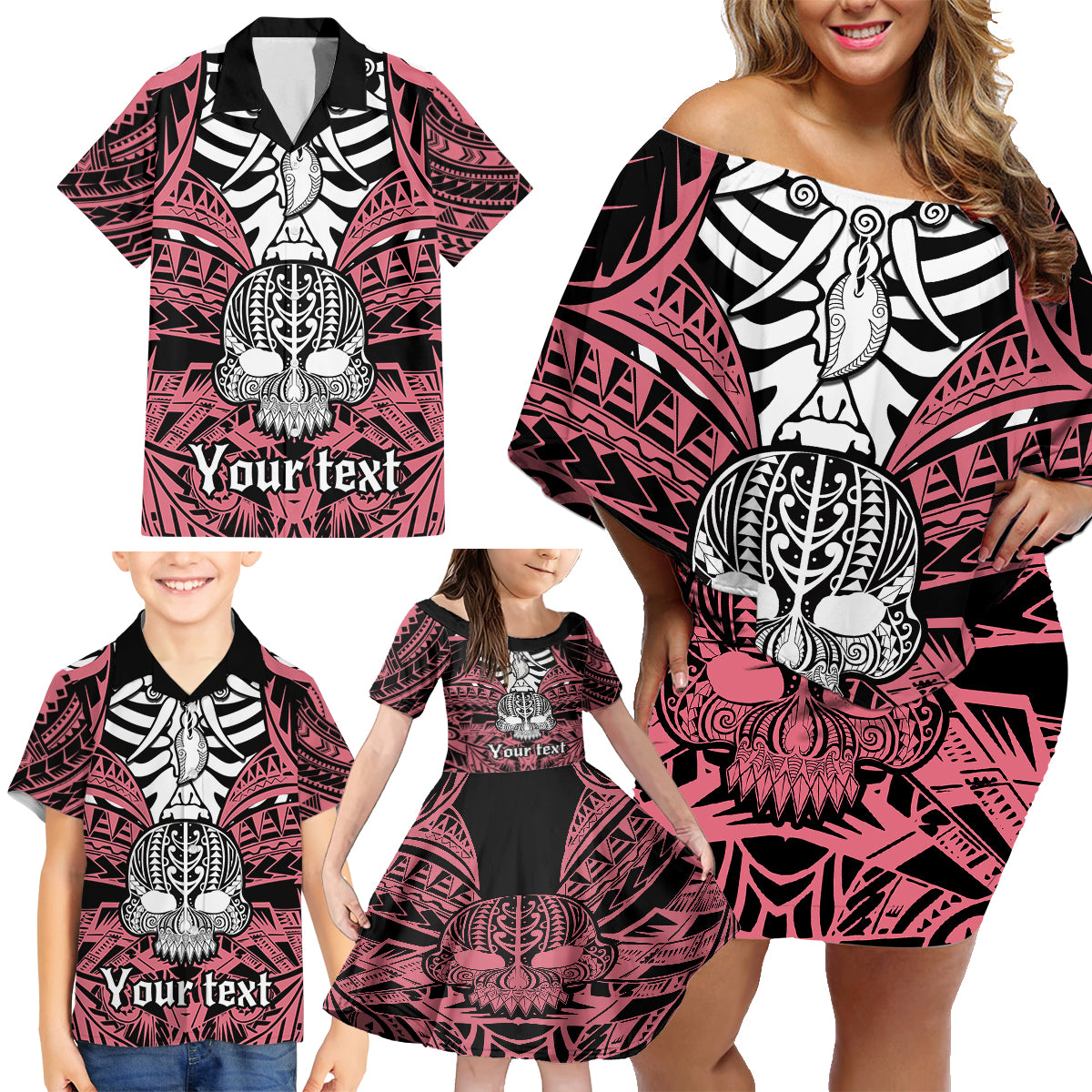 Personalised Polynesia Skull Family Matching Off Shoulder Short Dress and Hawaiian Shirt With Boars Tusk Pink Arty Vibe LT9 - Polynesian Pride
