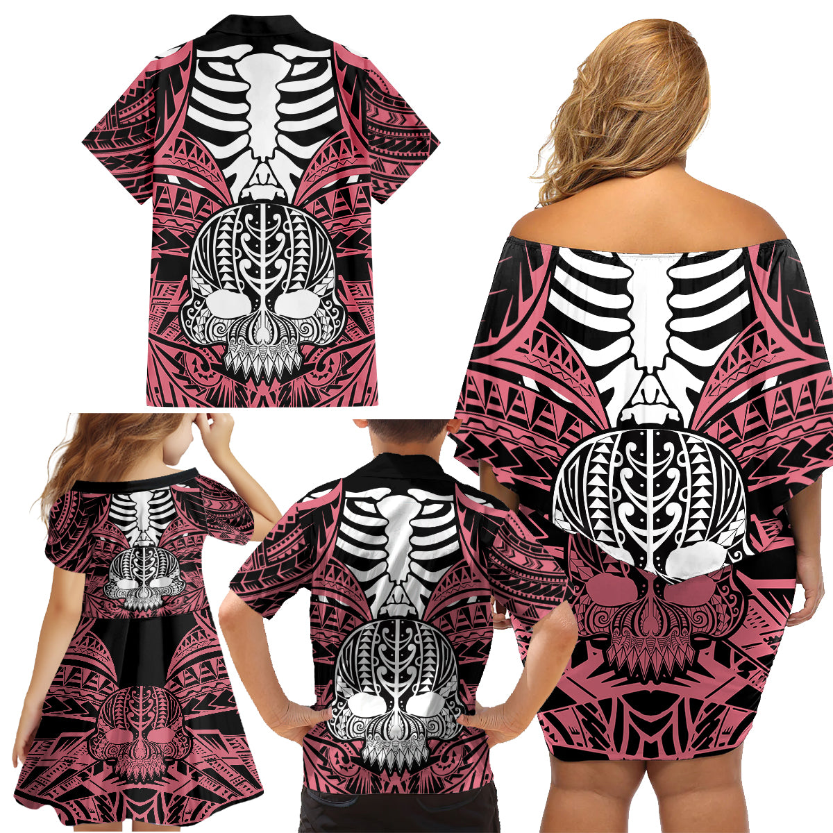 Personalised Polynesia Skull Family Matching Off Shoulder Short Dress and Hawaiian Shirt With Boars Tusk Pink Arty Vibe LT9 - Polynesian Pride