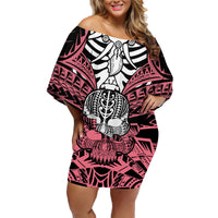 Personalised Polynesia Skull Family Matching Off Shoulder Short Dress and Hawaiian Shirt With Boars Tusk Pink Arty Vibe LT9 Mom's Dress Pink - Polynesian Pride