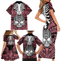 Personalised Polynesia Skull Family Matching Short Sleeve Bodycon Dress and Hawaiian Shirt With Boars Tusk Pink Arty Vibe LT9 - Polynesian Pride