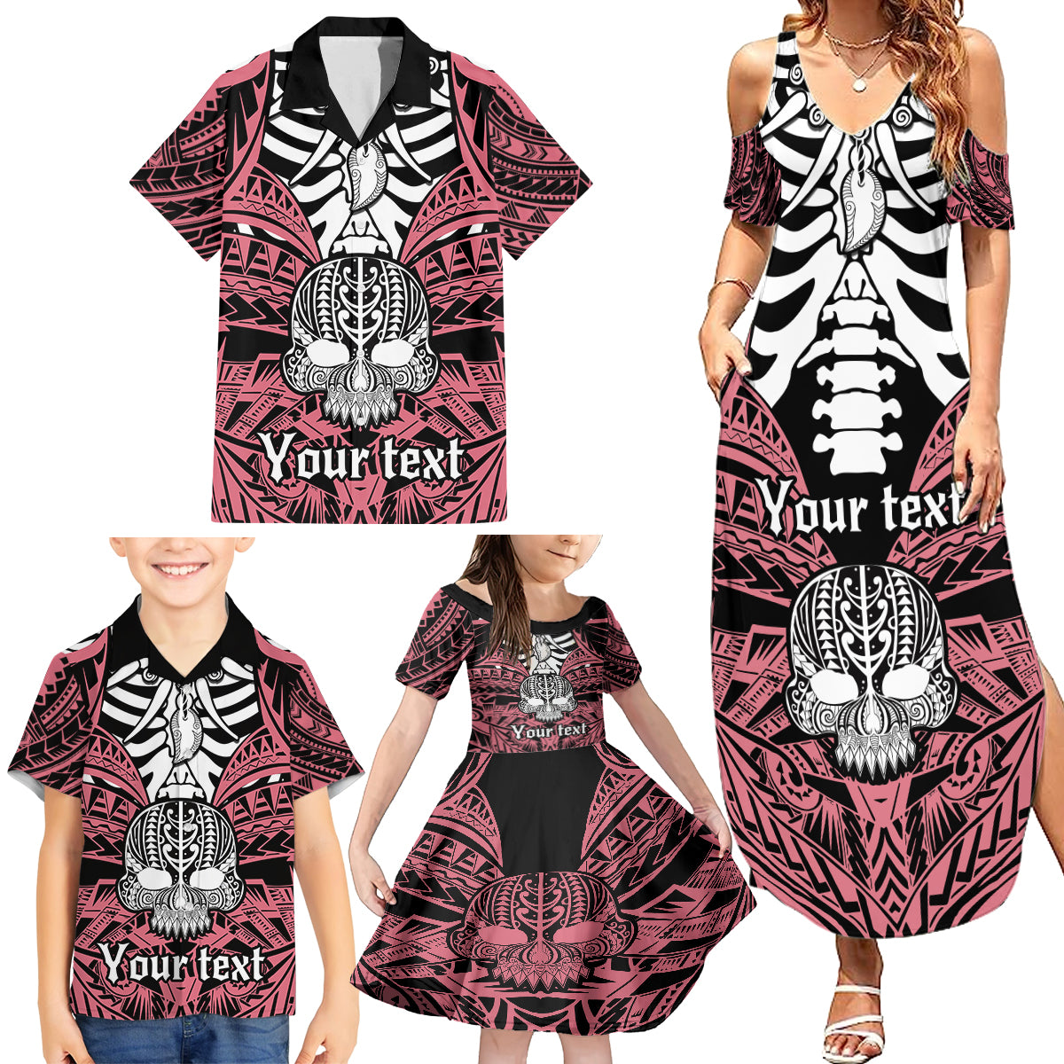 Personalised Polynesia Skull Family Matching Summer Maxi Dress and Hawaiian Shirt With Boars Tusk Pink Arty Vibe LT9 - Polynesian Pride