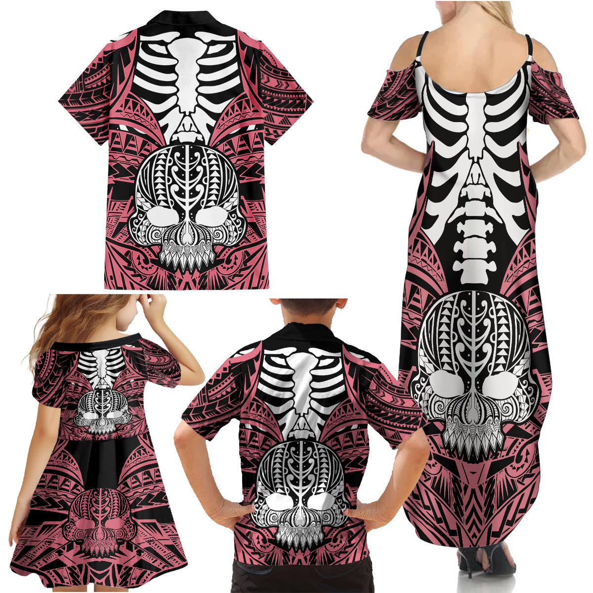 Personalised Polynesia Skull Family Matching Summer Maxi Dress and Hawaiian Shirt With Boars Tusk Pink Arty Vibe LT9 - Polynesian Pride