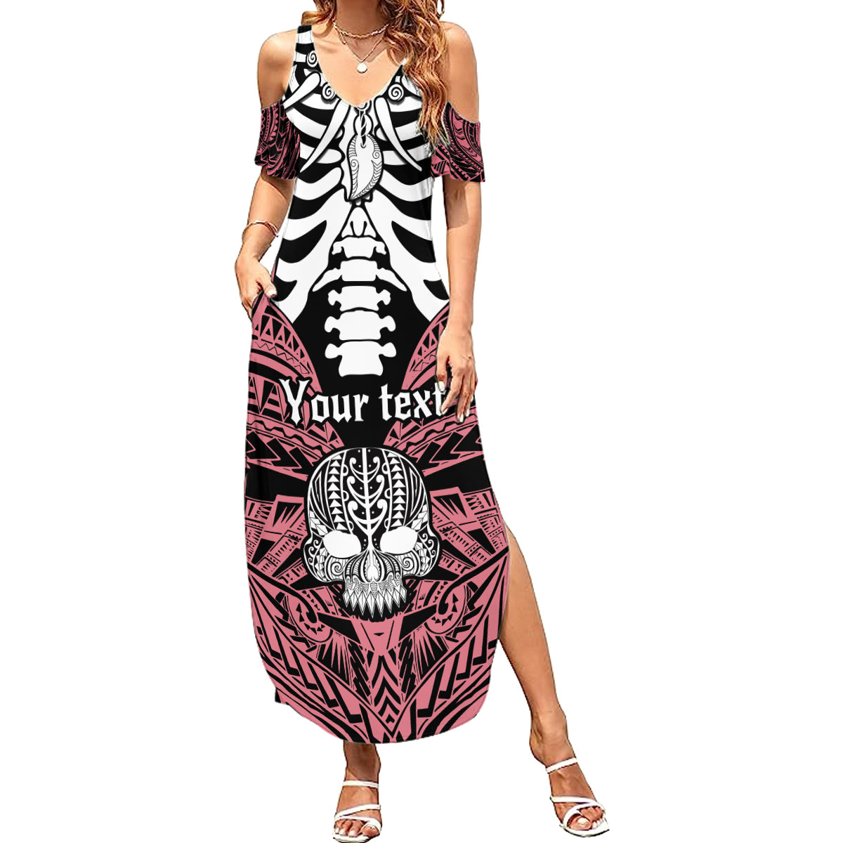 Personalised Polynesia Skull Family Matching Summer Maxi Dress and Hawaiian Shirt With Boars Tusk Pink Arty Vibe LT9 Mom's Dress Pink - Polynesian Pride