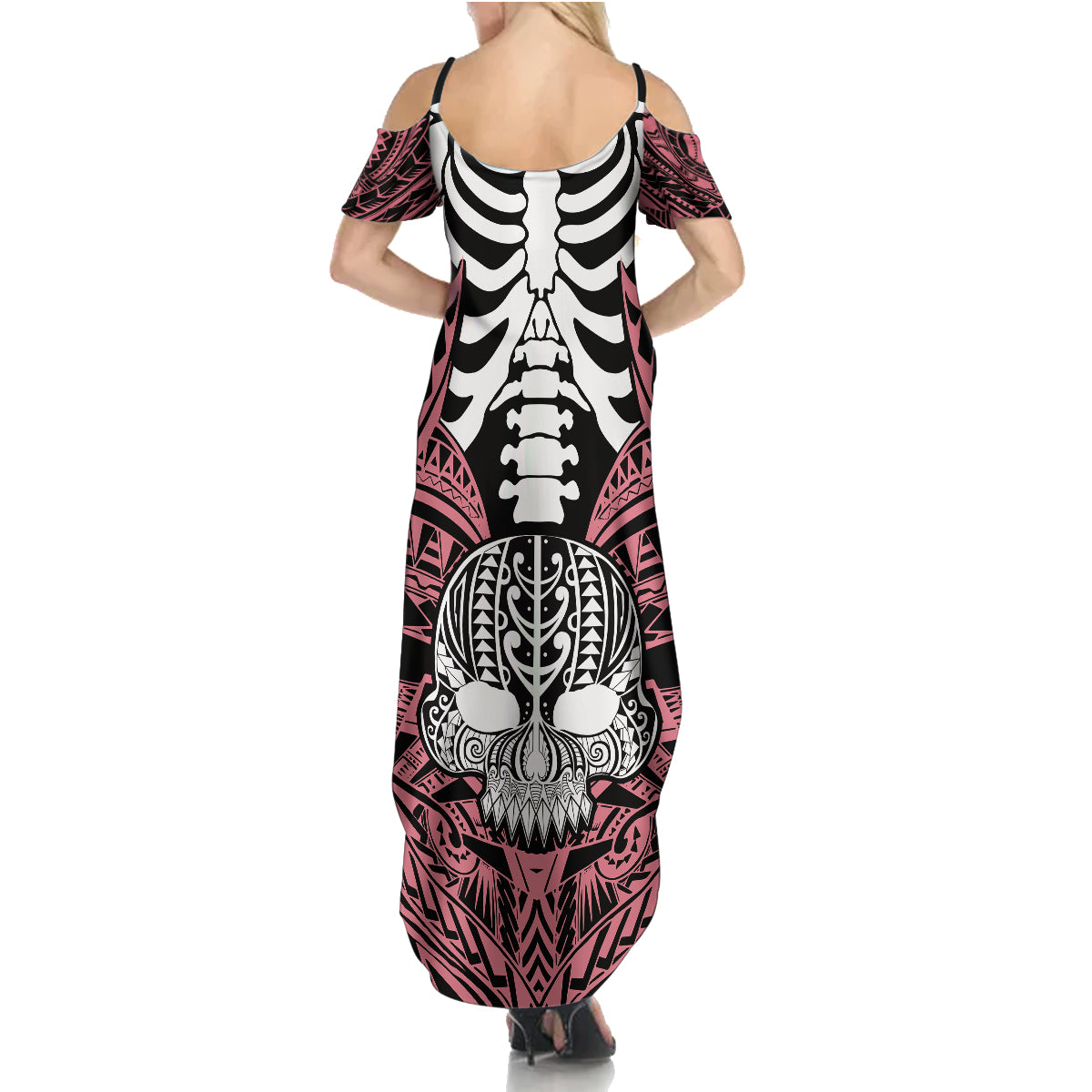 Personalised Polynesia Skull Family Matching Summer Maxi Dress and Hawaiian Shirt With Boars Tusk Pink Arty Vibe LT9 - Polynesian Pride