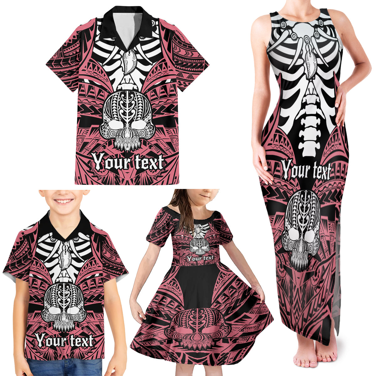 Personalised Polynesia Skull Family Matching Tank Maxi Dress and Hawaiian Shirt With Boars Tusk Pink Arty Vibe LT9 - Polynesian Pride