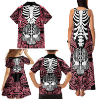 Personalised Polynesia Skull Family Matching Tank Maxi Dress and Hawaiian Shirt With Boars Tusk Pink Arty Vibe LT9 - Polynesian Pride