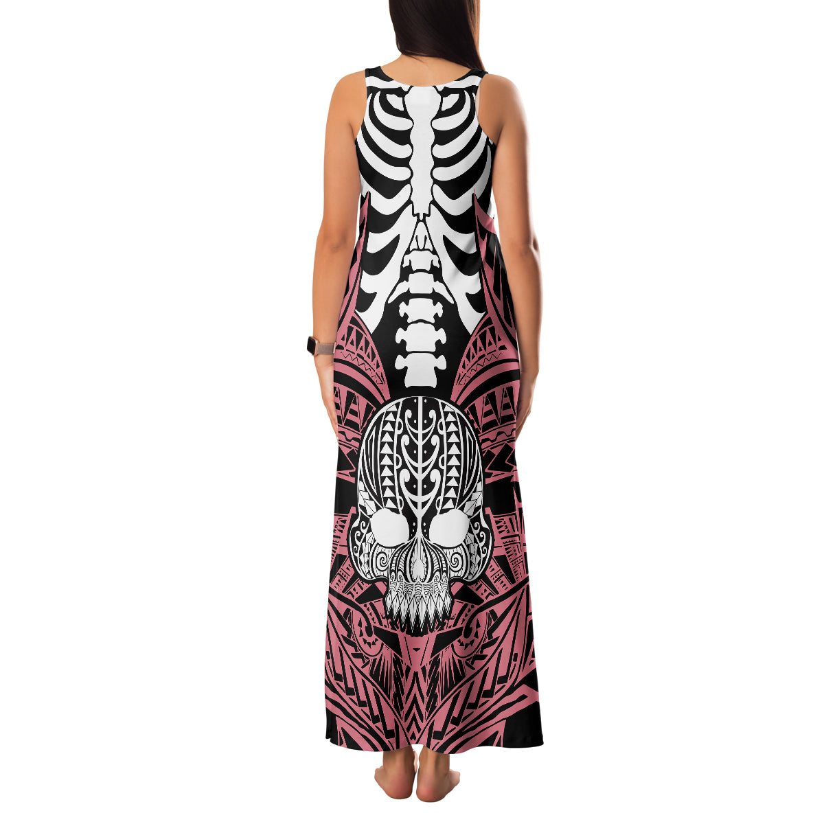 Personalised Polynesia Skull Family Matching Tank Maxi Dress and Hawaiian Shirt With Boars Tusk Pink Arty Vibe LT9 - Polynesian Pride