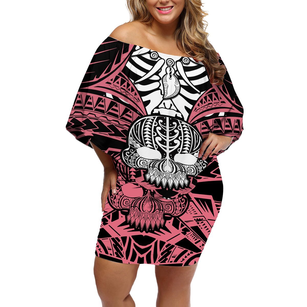 Personalised Polynesia Skull Off Shoulder Short Dress With Boars Tusk Pink Arty Vibe LT9 Women Pink - Polynesian Pride