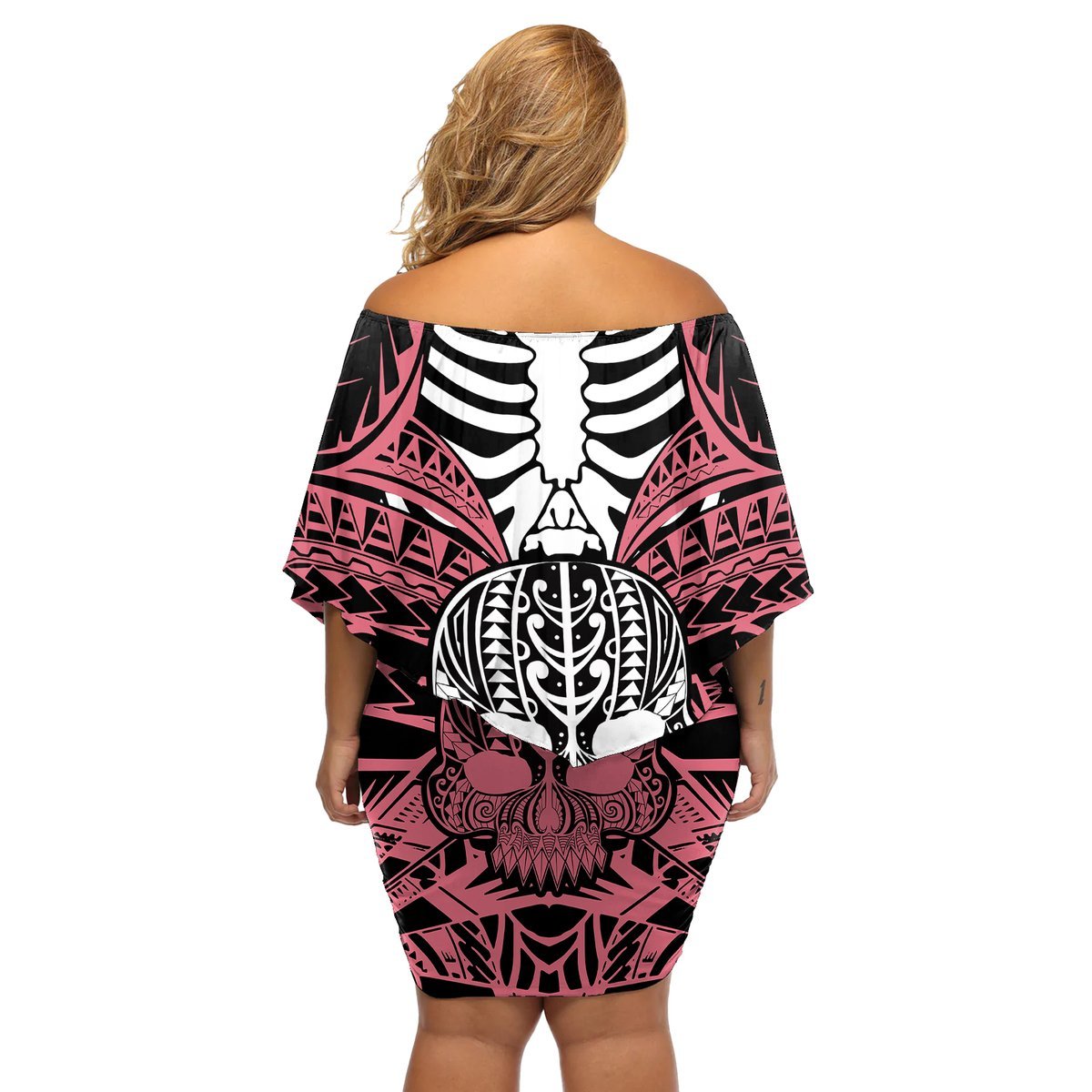 Personalised Polynesia Skull Off Shoulder Short Dress With Boars Tusk Pink Arty Vibe LT9 - Polynesian Pride