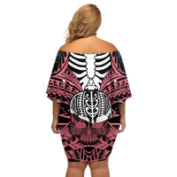 Personalised Polynesia Skull Off Shoulder Short Dress With Boars Tusk Pink Arty Vibe LT9 - Polynesian Pride