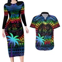 Fiji LGBT Couples Matching Long Sleeve Bodycon Dress and Hawaiian Shirt Love Is Love Tapa Pattern Rainbow Water Color LT9 Black - Polynesian Pride