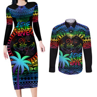 Fiji LGBT Couples Matching Long Sleeve Bodycon Dress and Long Sleeve Button Shirts Love Is Love Tapa Pattern Rainbow Water Color LT9 Black - Polynesian Pride
