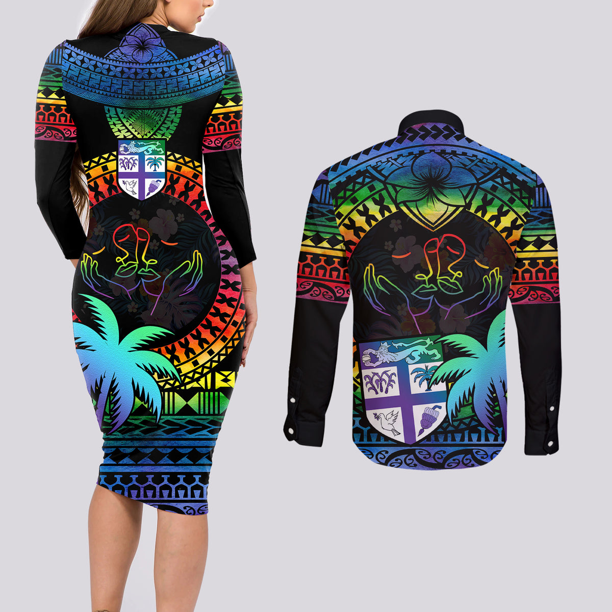 Fiji LGBT Couples Matching Long Sleeve Bodycon Dress and Long Sleeve Button Shirts Love Is Love Tapa Pattern Rainbow Water Color LT9 - Polynesian Pride