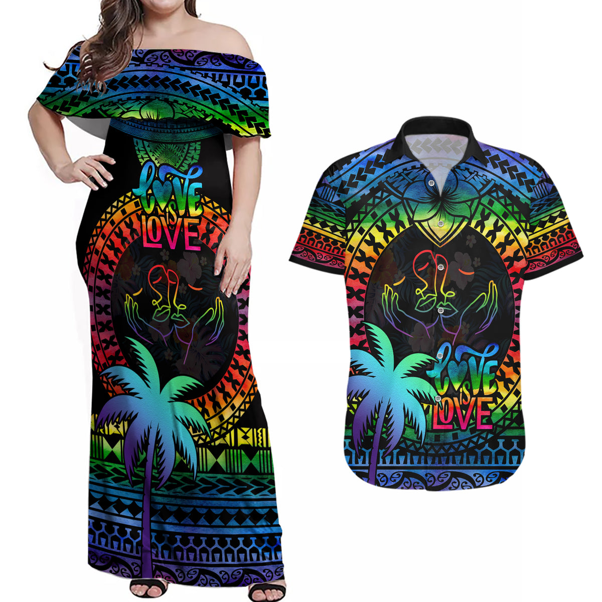Fiji LGBT Couples Matching Off Shoulder Maxi Dress and Hawaiian Shirt Love Is Love Tapa Pattern Rainbow Water Color LT9 Black - Polynesian Pride