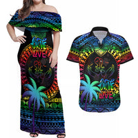 Fiji LGBT Couples Matching Off Shoulder Maxi Dress and Hawaiian Shirt Love Is Love Tapa Pattern Rainbow Water Color LT9 Black - Polynesian Pride
