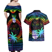 Fiji LGBT Couples Matching Off Shoulder Maxi Dress and Hawaiian Shirt Love Is Love Tapa Pattern Rainbow Water Color LT9 - Polynesian Pride