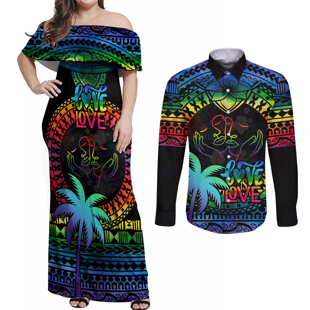 Fiji LGBT Couples Matching Off Shoulder Maxi Dress and Long Sleeve Button Shirts Love Is Love Tapa Pattern Rainbow Water Color LT9 Black - Polynesian Pride