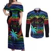 Fiji LGBT Couples Matching Off Shoulder Maxi Dress and Long Sleeve Button Shirts Love Is Love Tapa Pattern Rainbow Water Color LT9 Black - Polynesian Pride