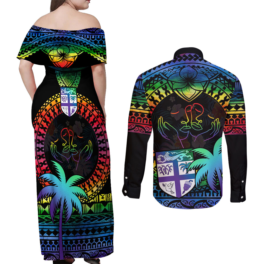 Fiji LGBT Couples Matching Off Shoulder Maxi Dress and Long Sleeve Button Shirts Love Is Love Tapa Pattern Rainbow Water Color LT9 - Polynesian Pride