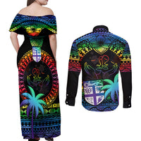 Fiji LGBT Couples Matching Off Shoulder Maxi Dress and Long Sleeve Button Shirts Love Is Love Tapa Pattern Rainbow Water Color LT9 - Polynesian Pride
