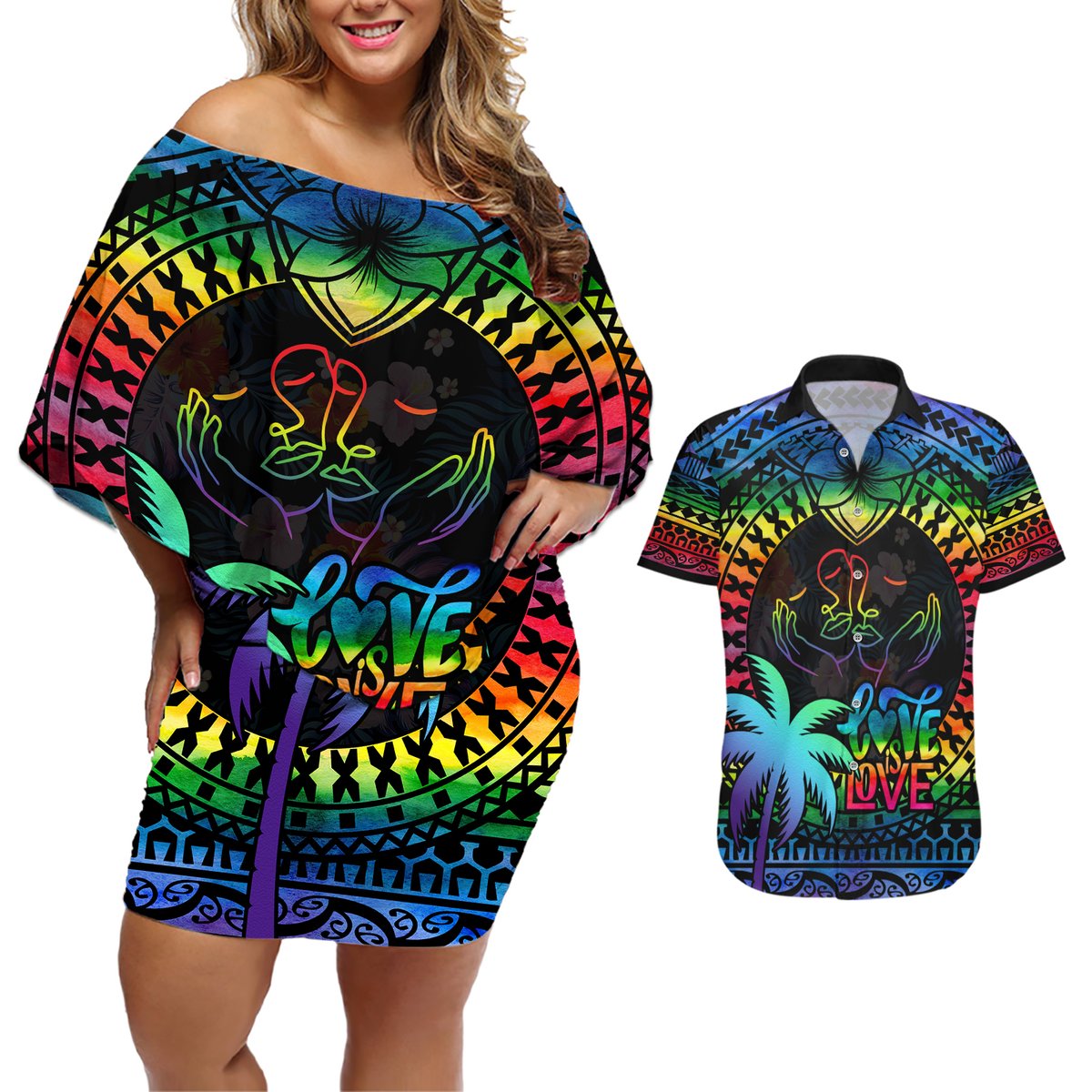Fiji LGBT Couples Matching Off Shoulder Short Dress and Hawaiian Shirt Love Is Love Tapa Pattern Rainbow Water Color LT9 Black - Polynesian Pride