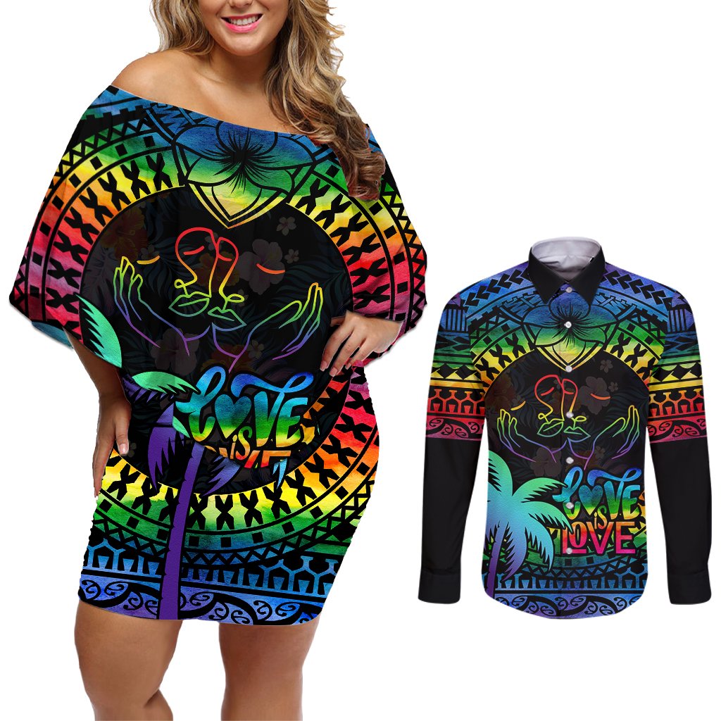 Fiji LGBT Couples Matching Off Shoulder Short Dress and Long Sleeve Button Shirts Love Is Love Tapa Pattern Rainbow Water Color LT9 Black - Polynesian Pride