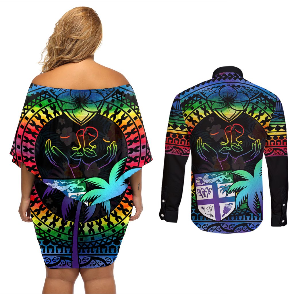 Fiji LGBT Couples Matching Off Shoulder Short Dress and Long Sleeve Button Shirts Love Is Love Tapa Pattern Rainbow Water Color LT9 - Polynesian Pride