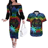 Fiji LGBT Couples Matching Off The Shoulder Long Sleeve Dress and Hawaiian Shirt Love Is Love Tapa Pattern Rainbow Water Color LT9 Black - Polynesian Pride