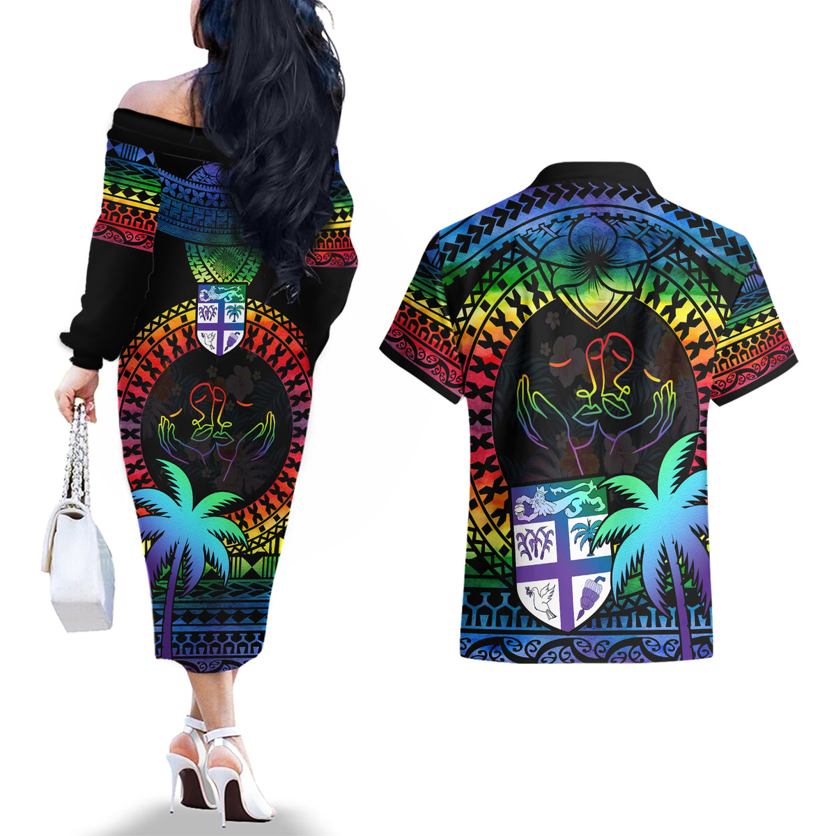 Fiji LGBT Couples Matching Off The Shoulder Long Sleeve Dress and Hawaiian Shirt Love Is Love Tapa Pattern Rainbow Water Color LT9 - Polynesian Pride