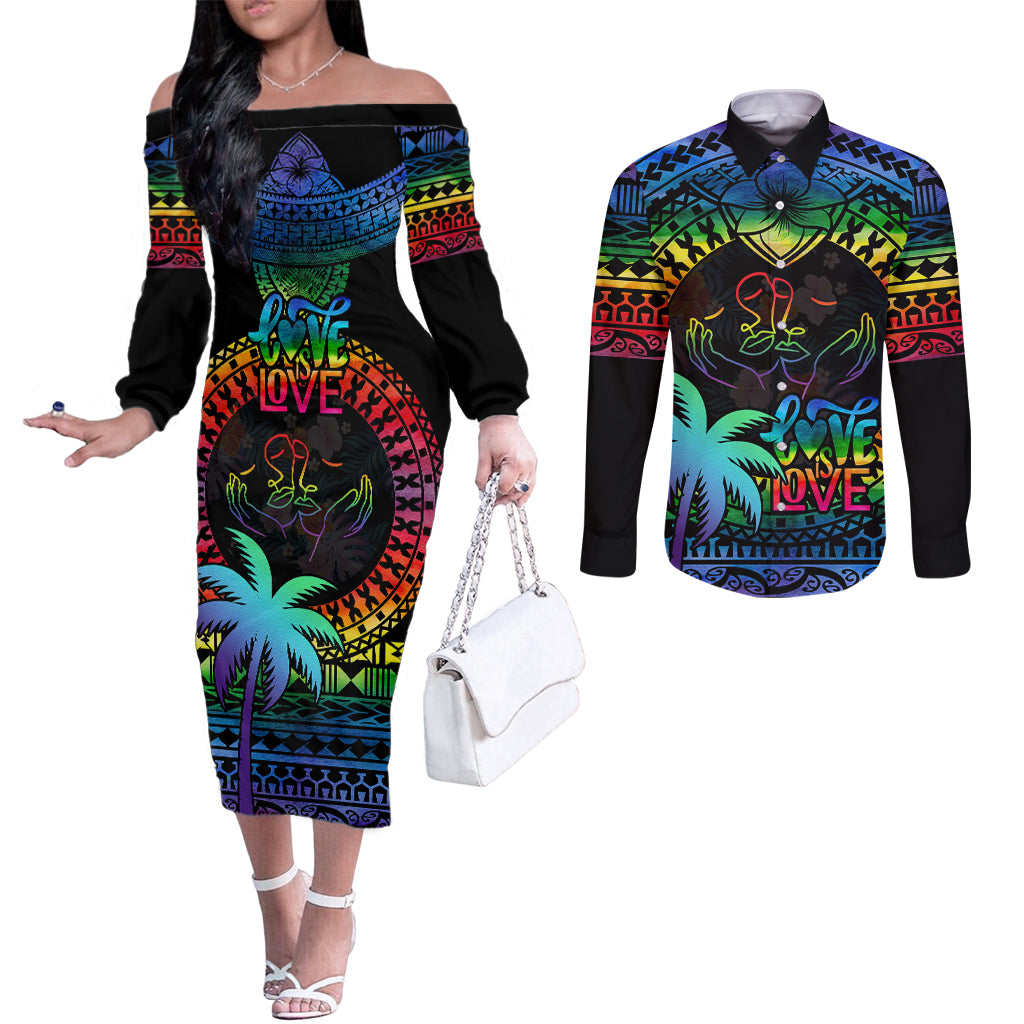 Fiji LGBT Couples Matching Off The Shoulder Long Sleeve Dress and Long Sleeve Button Shirts Love Is Love Tapa Pattern Rainbow Water Color LT9 Black - Polynesian Pride