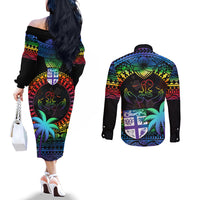Fiji LGBT Couples Matching Off The Shoulder Long Sleeve Dress and Long Sleeve Button Shirts Love Is Love Tapa Pattern Rainbow Water Color LT9 - Polynesian Pride