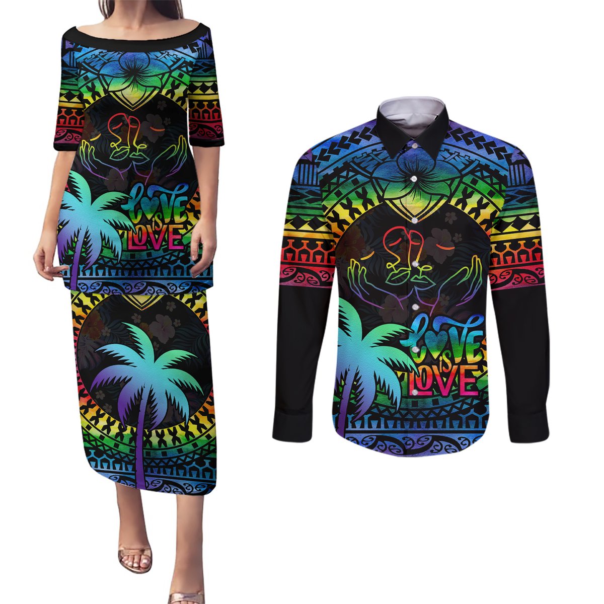 Fiji LGBT Couples Matching Puletasi Dress and Long Sleeve Button Shirts Love Is Love Tapa Pattern Rainbow Water Color LT9 Black - Polynesian Pride