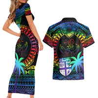 Fiji LGBT Couples Matching Short Sleeve Bodycon Dress and Hawaiian Shirt Love Is Love Tapa Pattern Rainbow Water Color LT9 - Polynesian Pride