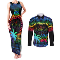 Fiji LGBT Couples Matching Tank Maxi Dress and Long Sleeve Button Shirts Love Is Love Tapa Pattern Rainbow Water Color LT9 Black - Polynesian Pride